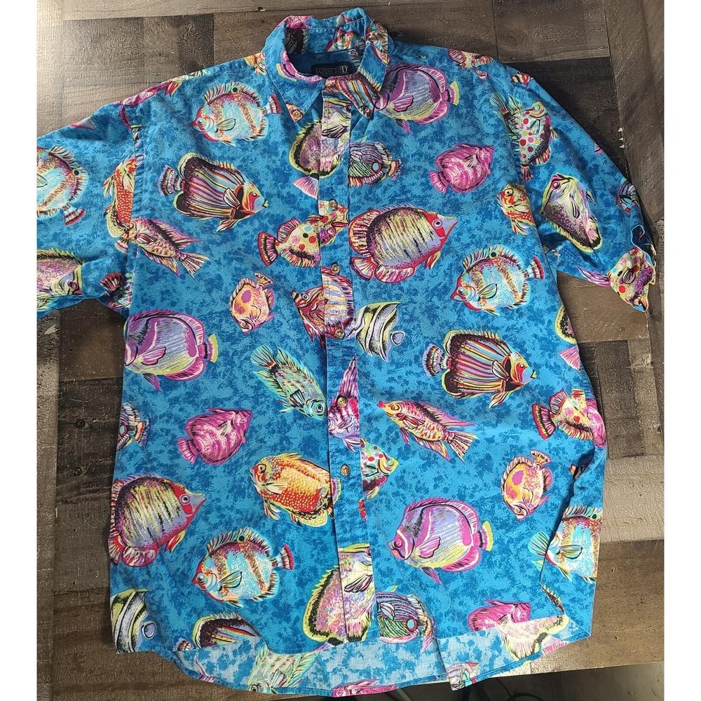 Vintage 80s Lands End Colorful Tropical Fish Print Cotton  Shirt Men L Made USA